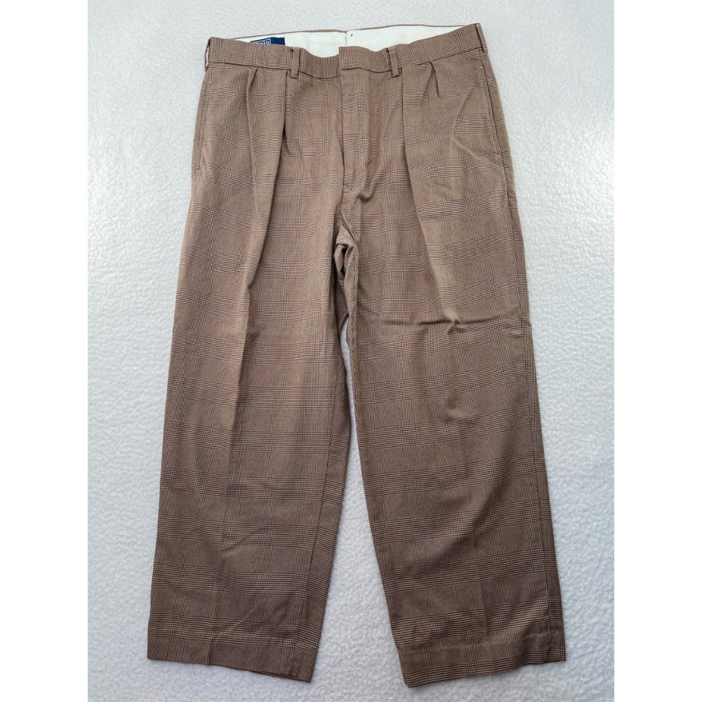 Polo Ralph Lauren Dress Pants Mens 36 x 27.5 Brown Tan Glen Plaid Pleated Cotton